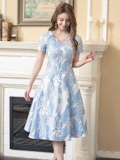 画像9: [ERUKEI/GINZA COUTURE]イエロー・ホワイト・ブルー・花柄・ジャガード・切り替え・Aライン・半袖・ミディアムドレス・ワンピース[送料無料] (9)