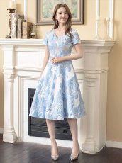 画像15: [ERUKEI/GINZA COUTURE]イエロー・ホワイト・ブルー・花柄・ジャガード・切り替え・Aライン・半袖・ミディアムドレス・ワンピース[送料無料] (15)