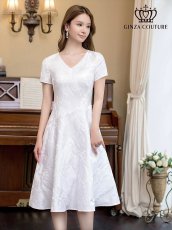 画像2: [ERUKEI/GINZA COUTURE]イエロー・ホワイト・ブルー・花柄・ジャガード・切り替え・Aライン・半袖・ミディアムドレス・ワンピース[送料無料] (2)