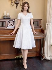 画像17: [ERUKEI/GINZA COUTURE]イエロー・ホワイト・ブルー・花柄・ジャガード・切り替え・Aライン・半袖・ミディアムドレス・ワンピース[送料無料] (17)