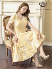 画像1: [ERUKEI/GINZA COUTURE]イエロー・ホワイト・ブルー・花柄・ジャガード・切り替え・Aライン・半袖・ミディアムドレス・ワンピース[送料無料] (1)