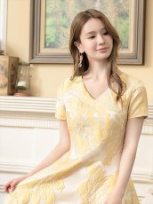画像13: [ERUKEI/GINZA COUTURE]イエロー・ホワイト・ブルー・花柄・ジャガード・切り替え・Aライン・半袖・ミディアムドレス・ワンピース[送料無料] (13)