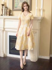 画像16: [ERUKEI/GINZA COUTURE]イエロー・ホワイト・ブルー・花柄・ジャガード・切り替え・Aライン・半袖・ミディアムドレス・ワンピース[送料無料] (16)
