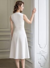 画像8: [ERUKEI/GINZA COUTURE]ネイビー・イエロー・ホワイト・Aライン・シンプル・上品・ノースリーブ・ミディアムドレス・ワンピース[送料無料] (8)