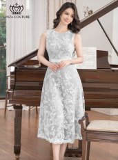 画像1: [ERUKEI/GINZA COUTURE]グレー×ホワイト・総レース・Aライン・ノースリーブ・ミディアムドレス・ワンピース[送料無料] (1)