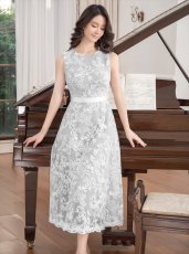 画像2: [ERUKEI/GINZA COUTURE]グレー×ホワイト・総レース・Aライン・ノースリーブ・ミディアムドレス・ワンピース[送料無料] (2)