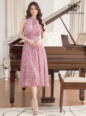 画像1: [ERUKEI/GINZA COUTURE]ピンク・フラワープリント・Aライン・プチハイネック・ミディアムドレス・ワンピース[送料無料] (1)