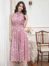画像2: [ERUKEI/GINZA COUTURE]ピンク・フラワープリント・Aライン・プチハイネック・ミディアムドレス・ワンピース[送料無料] (2)