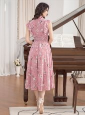 画像3: [ERUKEI/GINZA COUTURE]ピンク・フラワープリント・Aライン・プチハイネック・ミディアムドレス・ワンピース[送料無料] (3)