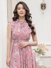 画像4: [ERUKEI/GINZA COUTURE]ピンク・フラワープリント・Aライン・プチハイネック・ミディアムドレス・ワンピース[送料無料] (4)