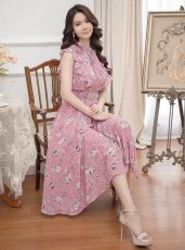 画像6: [ERUKEI/GINZA COUTURE]ピンク・フラワープリント・Aライン・プチハイネック・ミディアムドレス・ワンピース[送料無料] (6)