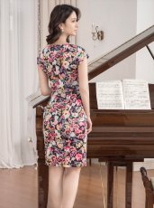 画像4: [ERUKEI/GINZA COUTURE]プリント・フラワー・タイト・半袖・Vネック・ストレッチ・ミニドレス・ワンピース[送料無料] (4)