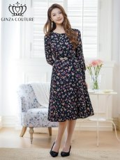画像1: [ERUKEI/GINZA COUTURE]ブラック・花柄・プリント・長袖・ベルト・膝丈・Aライン・ミディアムドレス・ワンピース[送料無料] (1)