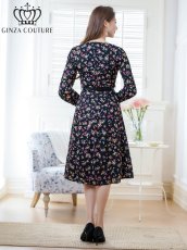 画像3: [ERUKEI/GINZA COUTURE]ブラック・花柄・プリント・長袖・ベルト・膝丈・Aライン・ミディアムドレス・ワンピース[送料無料] (3)