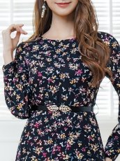画像4: [ERUKEI/GINZA COUTURE]ブラック・花柄・プリント・長袖・ベルト・膝丈・Aライン・ミディアムドレス・ワンピース[送料無料] (4)