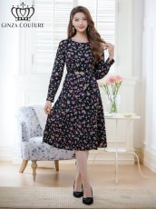 画像5: [ERUKEI/GINZA COUTURE]ブラック・花柄・プリント・長袖・ベルト・膝丈・Aライン・ミディアムドレス・ワンピース[送料無料] (5)