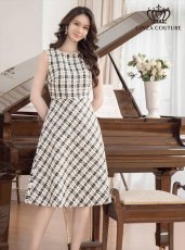 画像1: [ERUKEI/GINZA COUTURE]ブラック×イエロー・ブラック×レッド・チェック・ツイード・Aライン・ノースリーブ・ミディアムドレス・ワンピース[送料無料] (1)