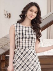 画像7: [ERUKEI/GINZA COUTURE]ブラック×イエロー・ブラック×レッド・チェック・ツイード・Aライン・ノースリーブ・ミディアムドレス・ワンピース[送料無料] (7)