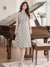画像9: [ERUKEI/GINZA COUTURE]ブラック×イエロー・ブラック×レッド・チェック・ツイード・Aライン・ノースリーブ・ミディアムドレス・ワンピース[送料無料] (9)
