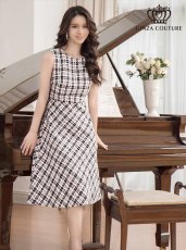 画像2: [ERUKEI/GINZA COUTURE]ブラック×イエロー・ブラック×レッド・チェック・ツイード・Aライン・ノースリーブ・ミディアムドレス・ワンピース[送料無料] (2)
