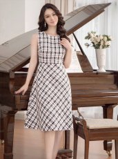 画像4: [ERUKEI/GINZA COUTURE]ブラック×イエロー・ブラック×レッド・チェック・ツイード・Aライン・ノースリーブ・ミディアムドレス・ワンピース[送料無料] (4)