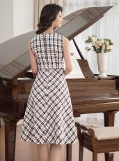 画像6: [ERUKEI/GINZA COUTURE]ブラック×イエロー・ブラック×レッド・チェック・ツイード・Aライン・ノースリーブ・ミディアムドレス・ワンピース[送料無料] (6)