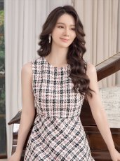 画像8: [ERUKEI/GINZA COUTURE]ブラック×イエロー・ブラック×レッド・チェック・ツイード・Aライン・ノースリーブ・ミディアムドレス・ワンピース[送料無料] (8)