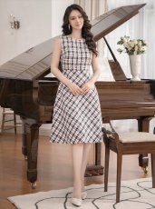 画像10: [ERUKEI/GINZA COUTURE]ブラック×イエロー・ブラック×レッド・チェック・ツイード・Aライン・ノースリーブ・ミディアムドレス・ワンピース[送料無料] (10)