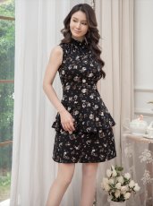 画像3: [ERUKEI/GINZA COUTURE]ブラック・ブラック×ベージュ・プリント・ハイネック・Aライン・ミニドレス・ワンピース[送料無料] (3)