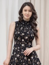画像7: [ERUKEI/GINZA COUTURE]ブラック・ブラック×ベージュ・プリント・ハイネック・Aライン・ミニドレス・ワンピース[送料無料] (7)