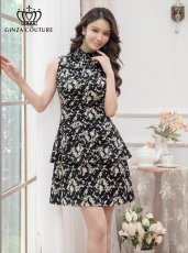 画像2: [ERUKEI/GINZA COUTURE]ブラック・ブラック×ベージュ・プリント・ハイネック・Aライン・ミニドレス・ワンピース[送料無料] (2)