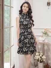画像4: [ERUKEI/GINZA COUTURE]ブラック・ブラック×ベージュ・プリント・ハイネック・Aライン・ミニドレス・ワンピース[送料無料] (4)