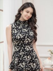画像8: [ERUKEI/GINZA COUTURE]ブラック・ブラック×ベージュ・プリント・ハイネック・Aライン・ミニドレス・ワンピース[送料無料] (8)