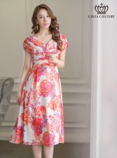 画像1: [ERUKEI/GINZA COUTURE]プリント・フラワー柄・ケープ風スリーブ・Aライン・ミディアムドレス・ワンピース[送料無料] (1)