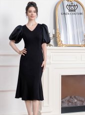 画像1: [ERUKEI/GINZA COUTURE]ブラック・シンプル・マーメイドライン・パフスリーブ・ミディアムドレス・ワンピース[送料無料] (1)