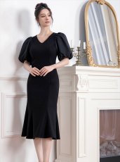 画像2: [ERUKEI/GINZA COUTURE]ブラック・シンプル・マーメイドライン・パフスリーブ・ミディアムドレス・ワンピース[送料無料] (2)
