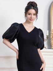 画像4: [ERUKEI/GINZA COUTURE]ブラック・シンプル・マーメイドライン・パフスリーブ・ミディアムドレス・ワンピース[送料無料] (4)