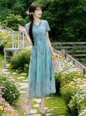 画像6: [ERUKEI/GINZA COUTURE]パープル・グリーン・リーフモチーフ・刺繍・ウエストリボン・Vネック・Aライン・半袖・ミディアムドレス・ワンピース[送料無料] (6)