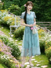 画像10: [ERUKEI/GINZA COUTURE]パープル・グリーン・リーフモチーフ・刺繍・ウエストリボン・Vネック・Aライン・半袖・ミディアムドレス・ワンピース[送料無料] (10)