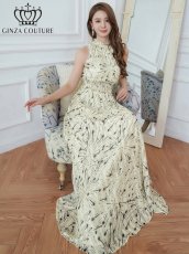 画像1: [ERUKEI/GINZA COUTURE]ベージュ・首元フリル・金糸・シフォン・ウエストマーク・マキシ・ノースリーブ・Aライン・ロングドレス[送料無料] (1)