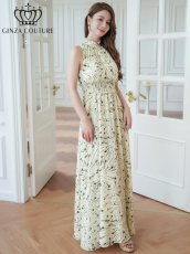 画像2: [ERUKEI/GINZA COUTURE]ベージュ・首元フリル・金糸・シフォン・ウエストマーク・マキシ・ノースリーブ・Aライン・ロングドレス[送料無料] (2)