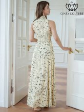 画像3: [ERUKEI/GINZA COUTURE]ベージュ・首元フリル・金糸・シフォン・ウエストマーク・マキシ・ノースリーブ・Aライン・ロングドレス[送料無料] (3)