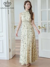 画像5: [ERUKEI/GINZA COUTURE]ベージュ・首元フリル・金糸・シフォン・ウエストマーク・マキシ・ノースリーブ・Aライン・ロングドレス[送料無料] (5)