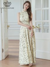 画像6: [ERUKEI/GINZA COUTURE]ベージュ・首元フリル・金糸・シフォン・ウエストマーク・マキシ・ノースリーブ・Aライン・ロングドレス[送料無料] (6)