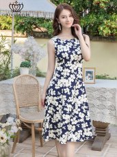 画像2: [ERUKEI/GINZA COUTURE]ネイビー×ホワイト・イエロー×ホワイト・フラワープリント・Aライン・ノースリーブ・ミディアムドレス・ワンピース[送料無料] (2)