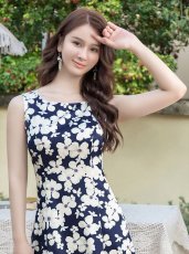 画像8: [ERUKEI/GINZA COUTURE]ネイビー×ホワイト・イエロー×ホワイト・フラワープリント・Aライン・ノースリーブ・ミディアムドレス・ワンピース[送料無料] (8)