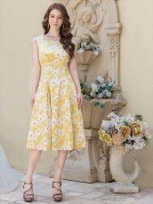 画像9: [ERUKEI/GINZA COUTURE]ネイビー×ホワイト・イエロー×ホワイト・フラワープリント・Aライン・ノースリーブ・ミディアムドレス・ワンピース[送料無料] (9)