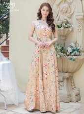 画像1: [SALE品のため返品不可＆再入荷なしの現品限り][ERUKEI/GINZA COUTURE]ベージュ・グレー・フラワープリント・Aライン・ノースリーブ・ウエストリボン・ロングドレス[送料無料] (1)