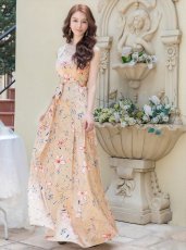画像3: [SALE品のため返品不可＆再入荷なしの現品限り][ERUKEI/GINZA COUTURE]ベージュ・グレー・フラワープリント・Aライン・ノースリーブ・ウエストリボン・ロングドレス[送料無料] (3)