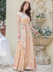 画像5: [SALE品のため返品不可＆再入荷なしの現品限り][ERUKEI/GINZA COUTURE]ベージュ・グレー・フラワープリント・Aライン・ノースリーブ・ウエストリボン・ロングドレス[送料無料] (5)